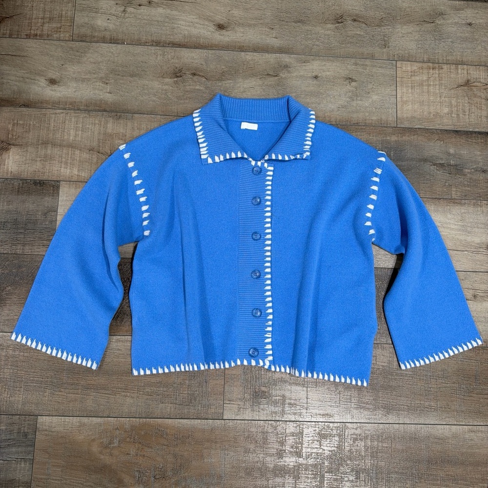 SABLYN Cynthia blue white contrast stitched wool cashmere cardigan